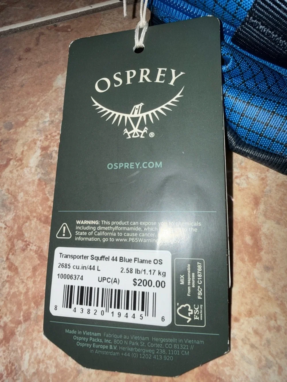Osprey Transporter 44L Squffle Bag Flue Flame - Lightweight Travel Carry-On NWT